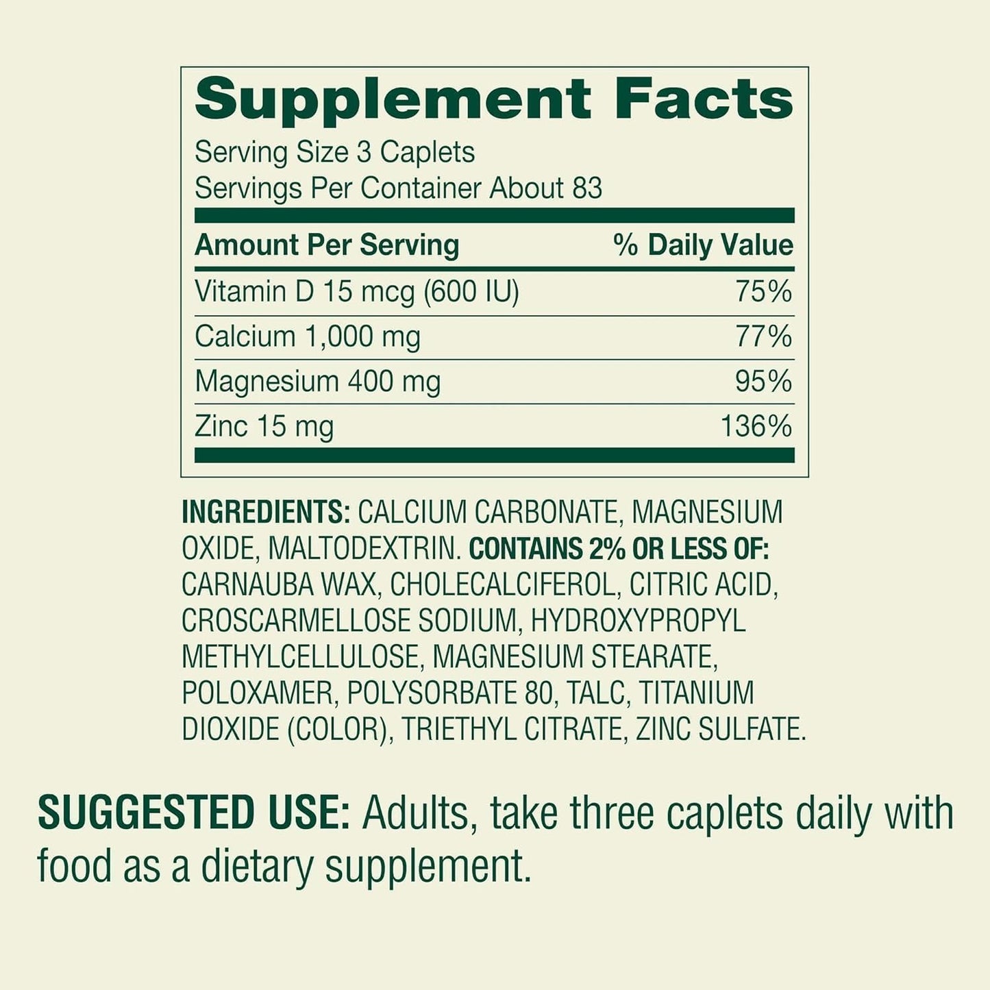 Generic Calcium Magnesium Zinc with Vitamin D3 Caplets 250