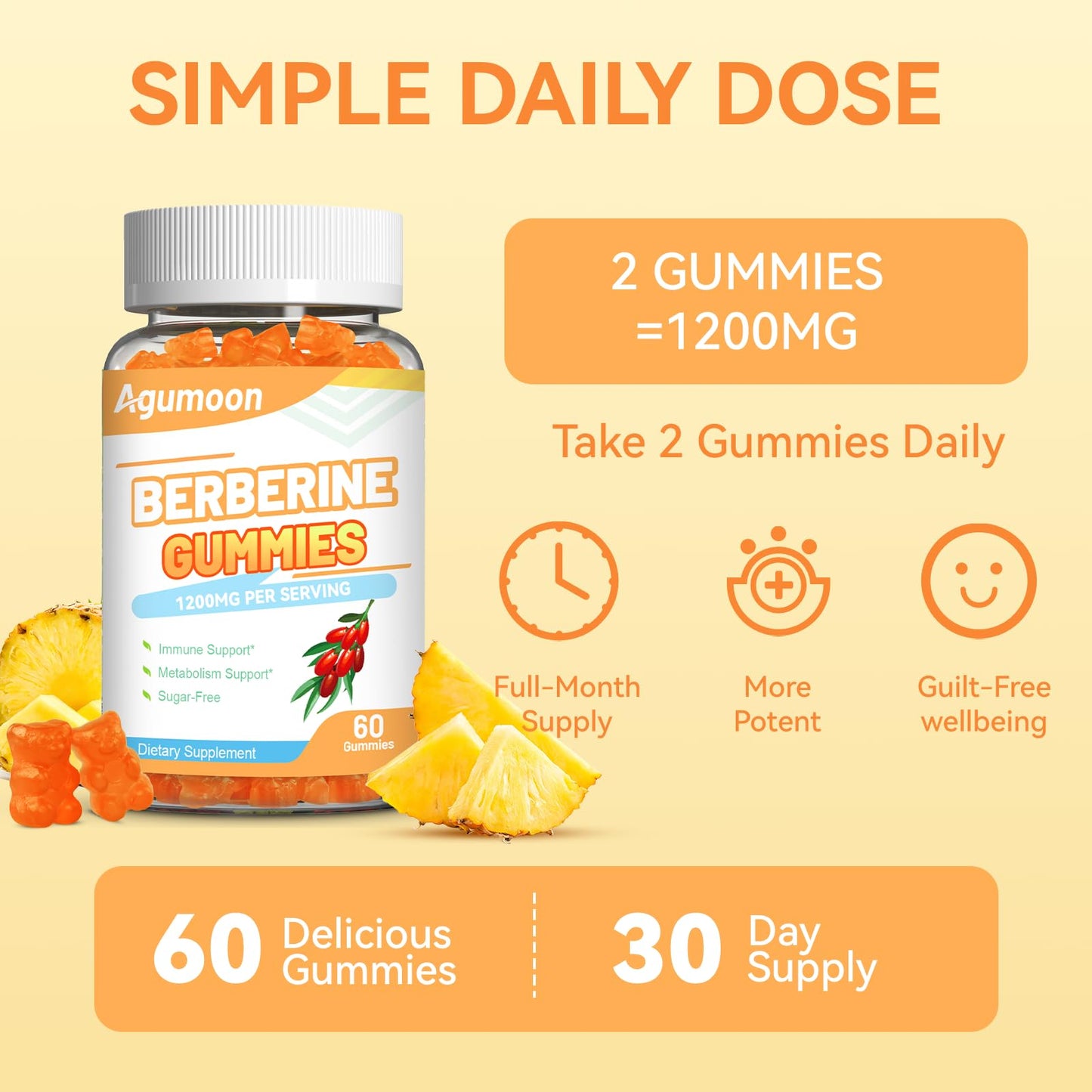 Agumoon Berberine Gummies 1200mg with Ceylon Cinnamon for Immune System & Metabolism Support, 120 Count