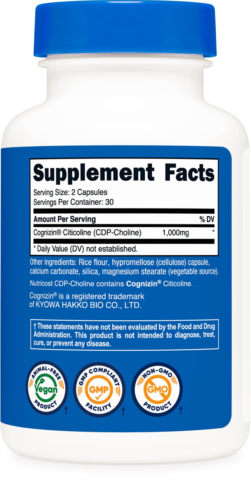 Nutricost Cognizin Citicoline (CDP-Choline) 1000mg Capsule, 60 Count