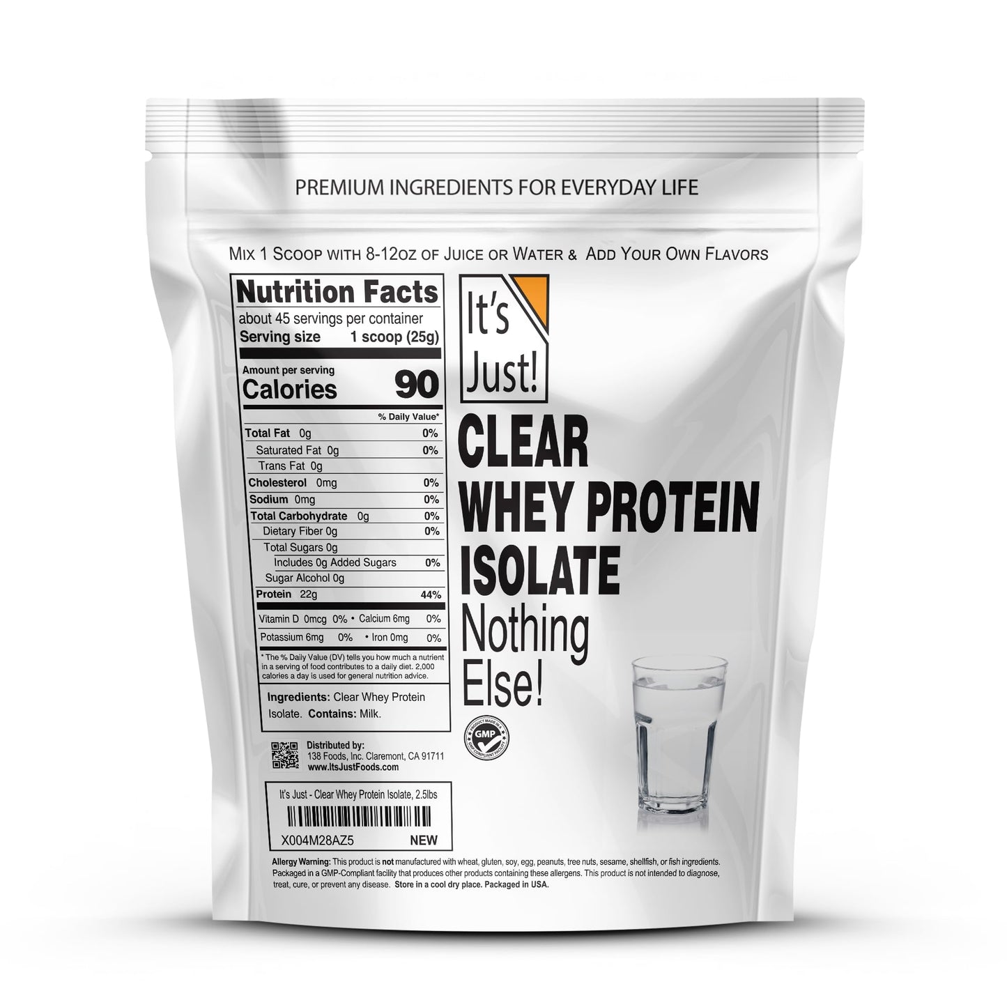 It's Just! Clear Whey Isolate Protein Powder (WPI-90), Unflavored, 2.5 Pound, 40 Servings