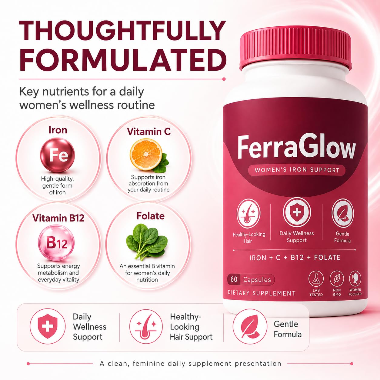 NOVORIC FerraGlow Iron Support Capsules with Iron Bisglycinate Lactoferrin Vitamin C B12 and Gentle Absorption Formula for Women Daily Wellness Hair Energy Support, 60 Count