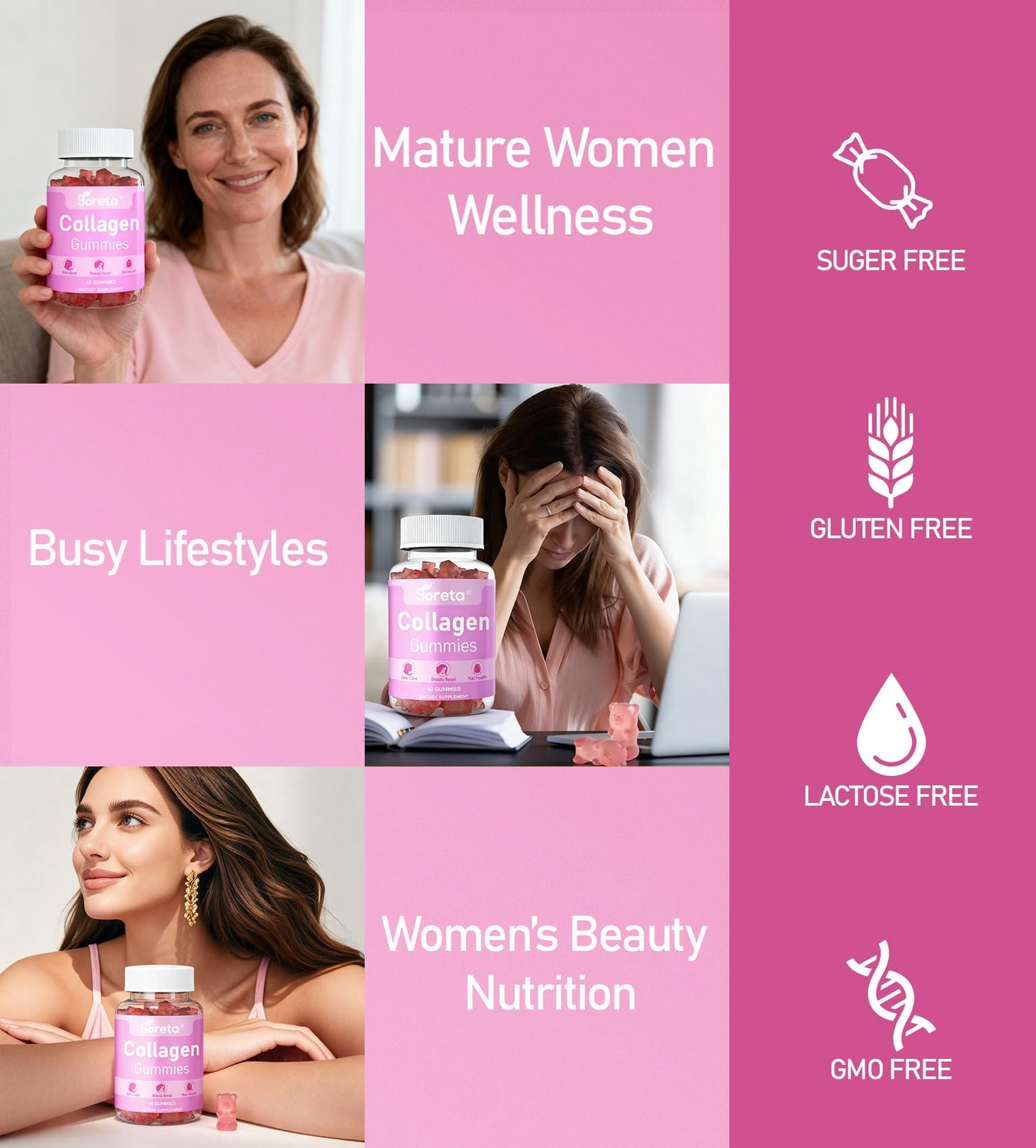 Goreta Collagen Gummies with Biotin, Vitamin C & Zinc – 1000mg Hydrolyzed Collagen Peptides for Skin, Hair & Nails Nutrition, Daily Beauty Nutrition, Peach Flavor, 60 Gummies