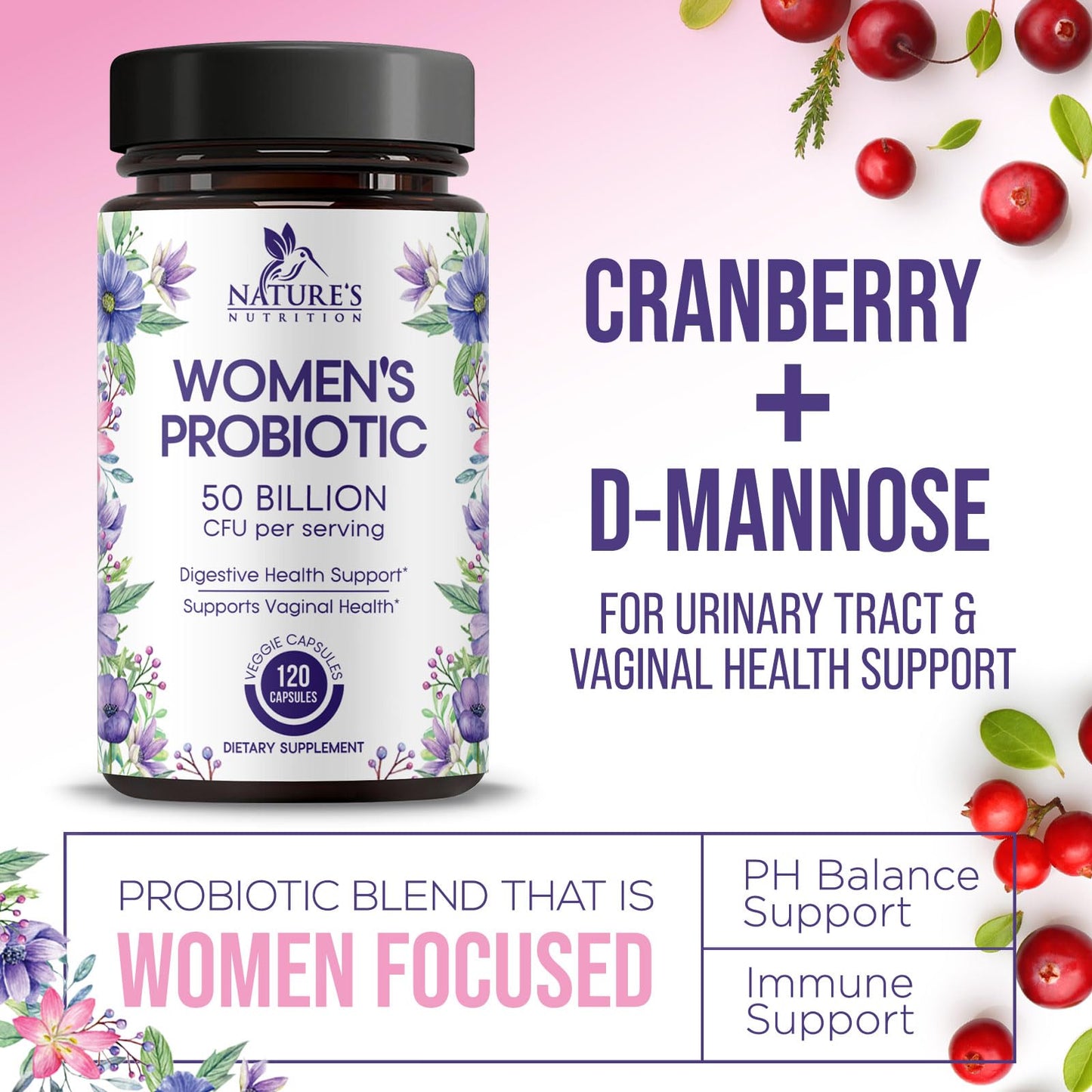 Nature's Nutrition Probiotics for Women Capsules 120 Count - Probiotic Blend 50 Billion CFU per Capsule, 16 Strains