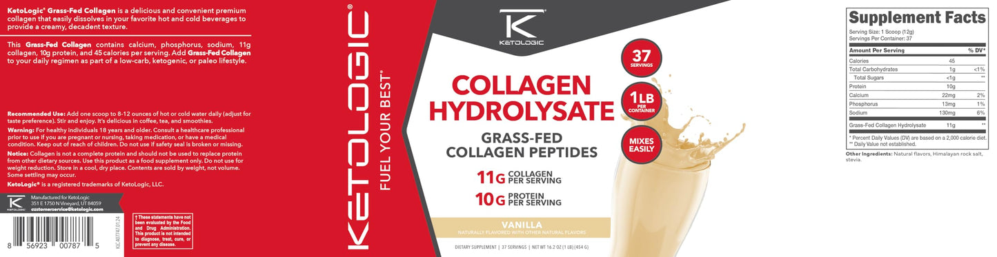 Ketologic Grass Fed Collagen Hydrolysate Powder (Vanilla) 16.2 oz