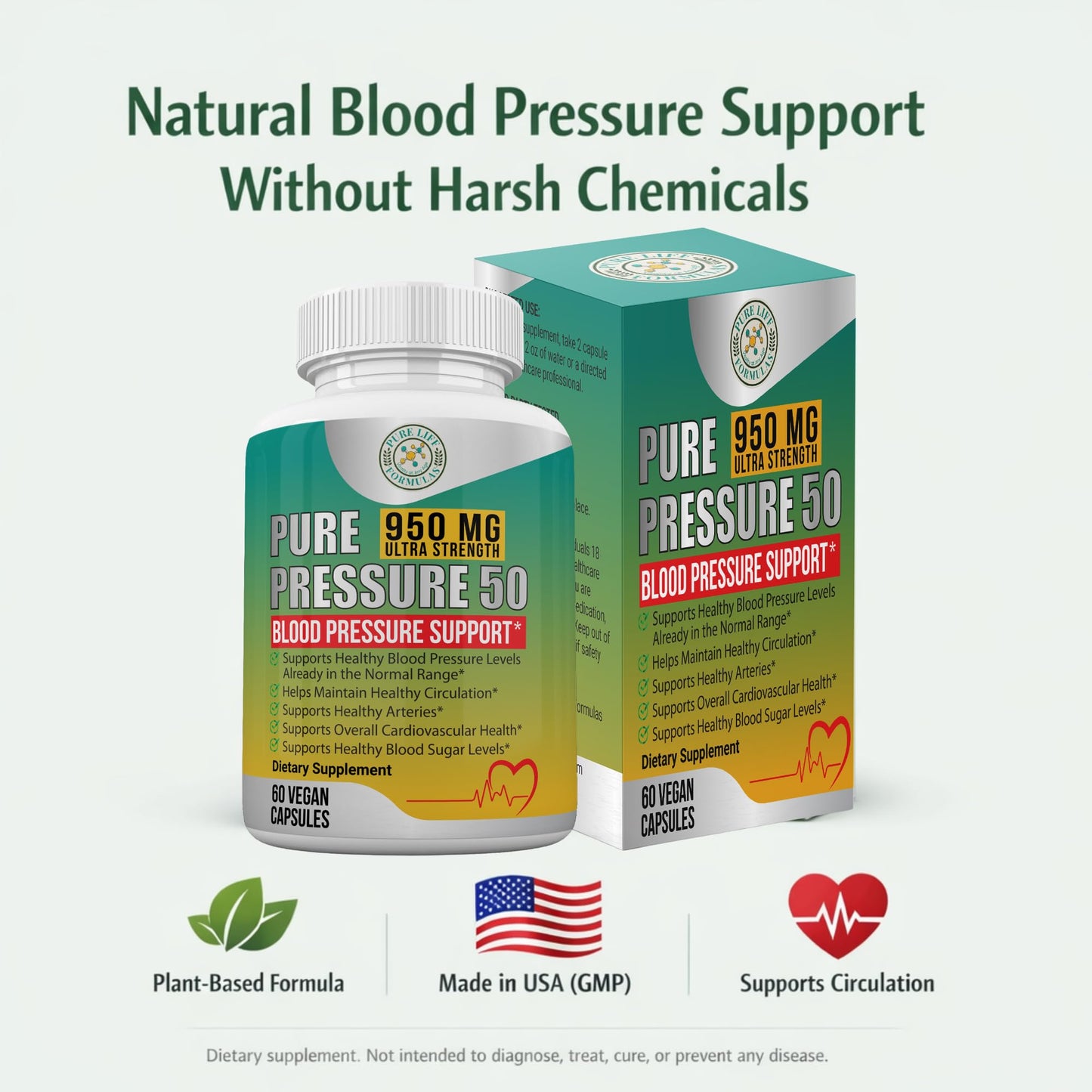 Pure Life Formulas Pure Pressure 50 Blood Pressure Support Supplement 60 Capsules