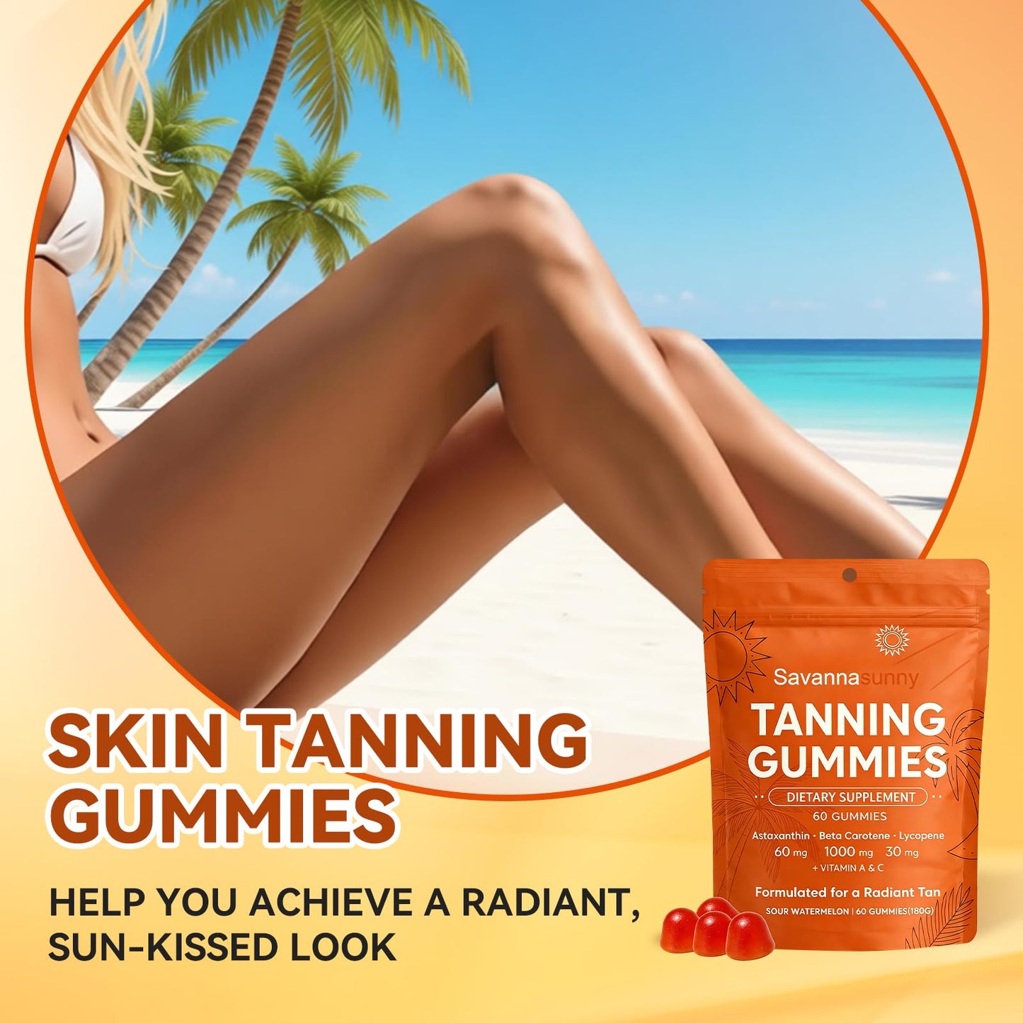 VITAL POWER Tanning Gummies for Women Beta-Carotene Astaxanthin Vitamin C&E Vegan Powder 6.34 Ounce