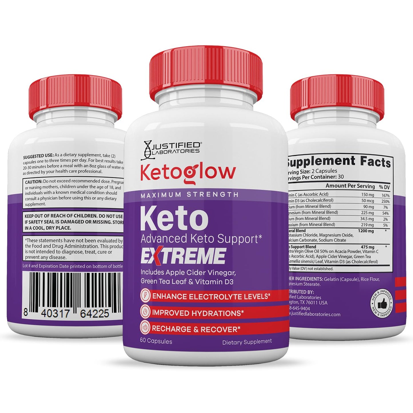 Justified Laboratories Keto Glow Keto ACV Extreme Pills 1675MG Keto Support Blend Capsules, 180 Count