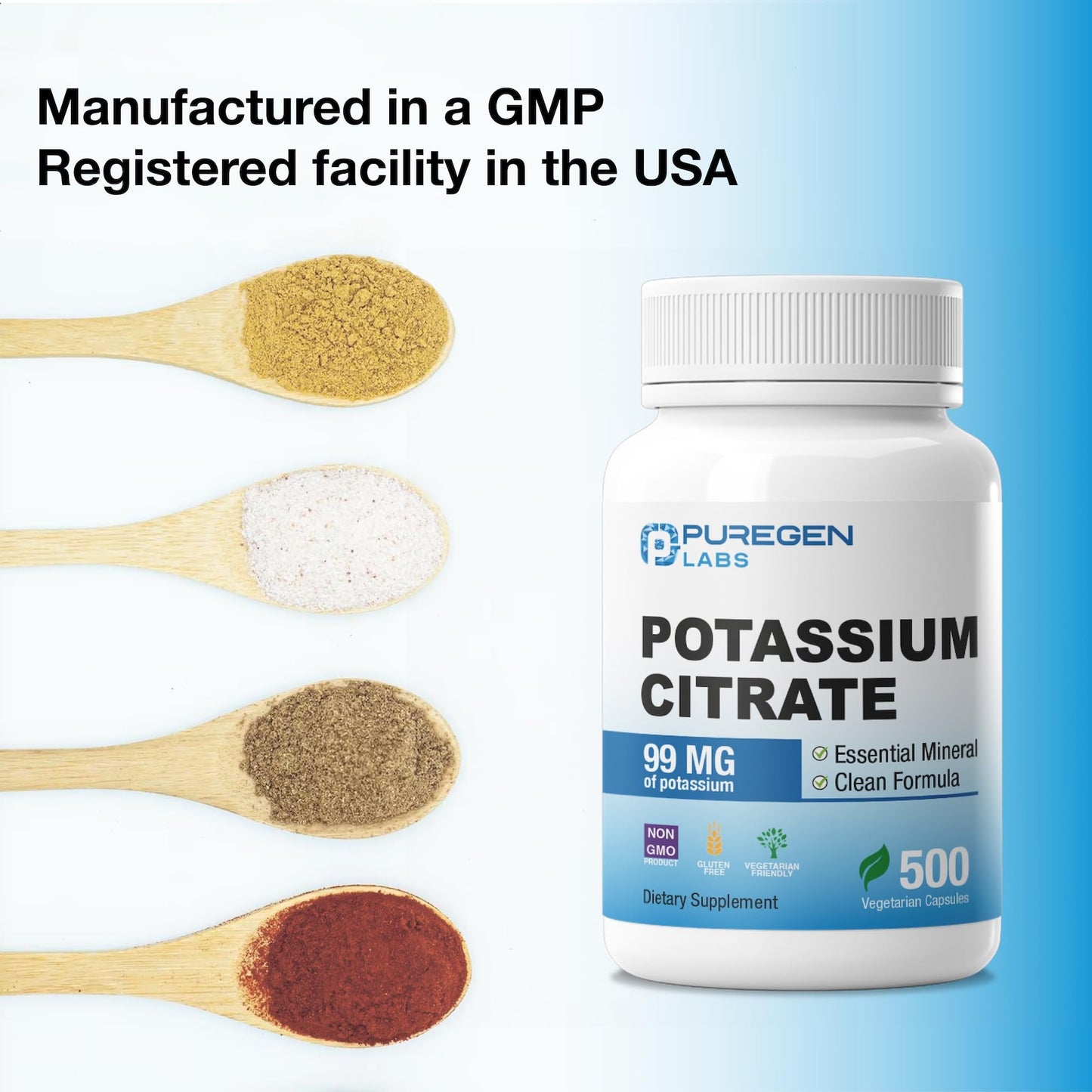 P Puregen Labs Potassium Citrate 99 mg Elemental Potassium Supplement Capsules 500 Count