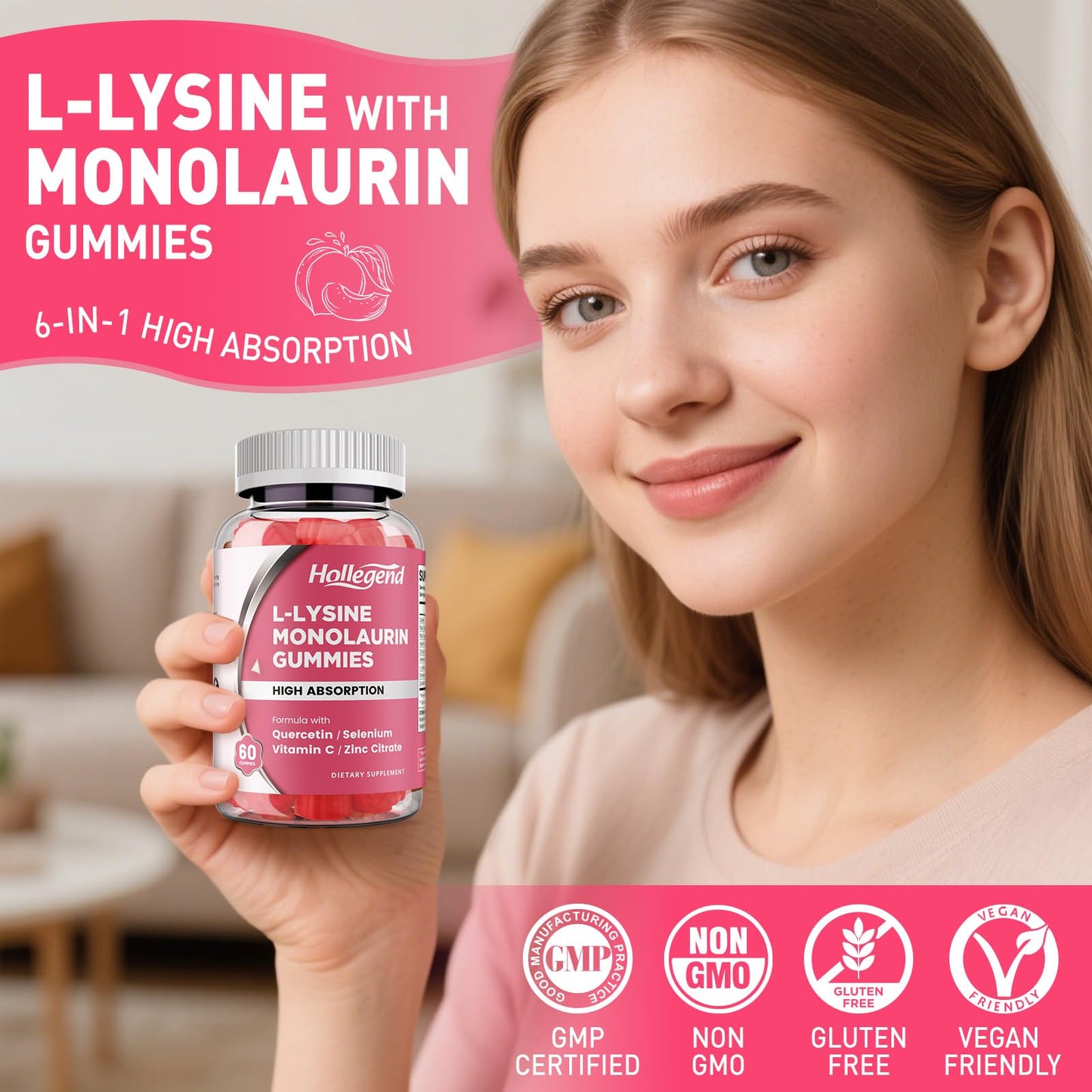 HOLLEGEND L-Lysine Monolaurin Gummies 60 Ct