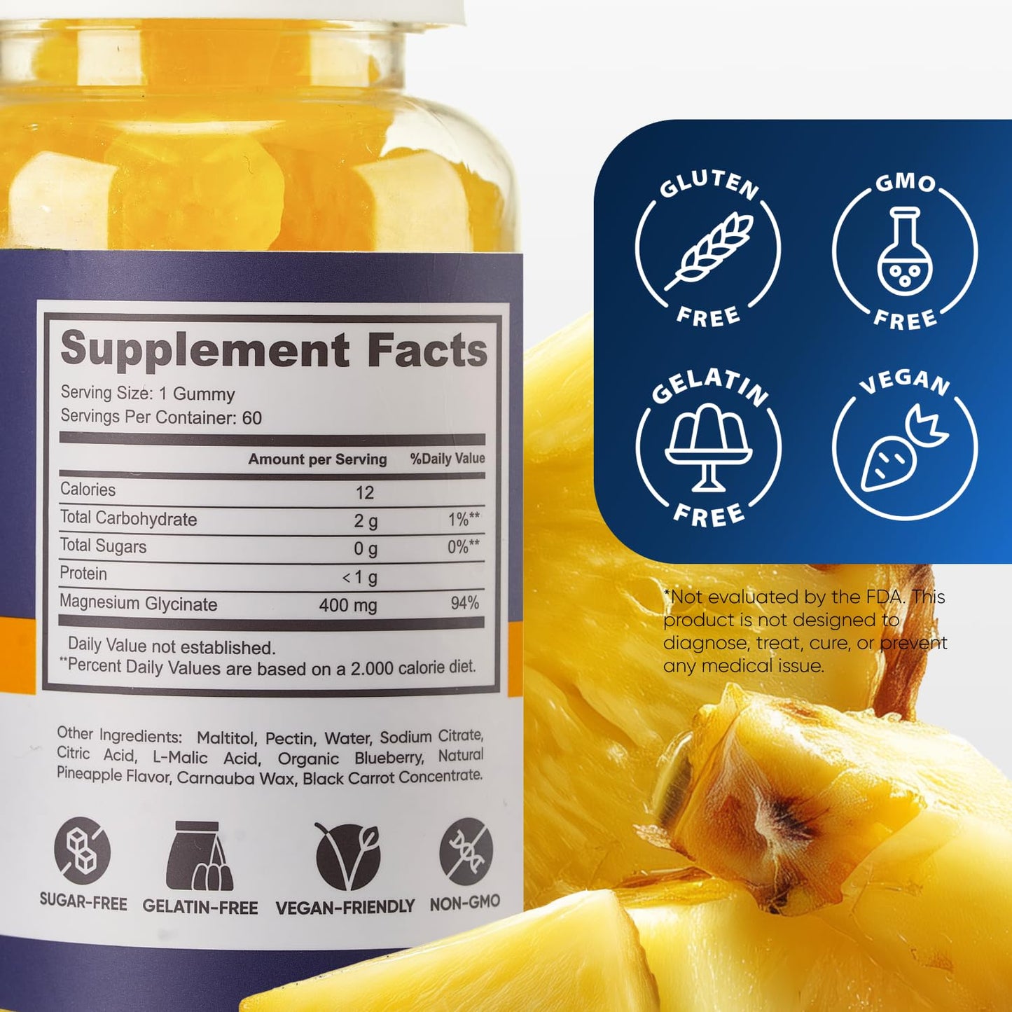 PURA WEX NUTRITION Magnesium Glycinate Gummies 400mg, High Absorption Magnesium Supplement for Women, Men and Kids, Sugar Free, Vegan, 60 Gummies
