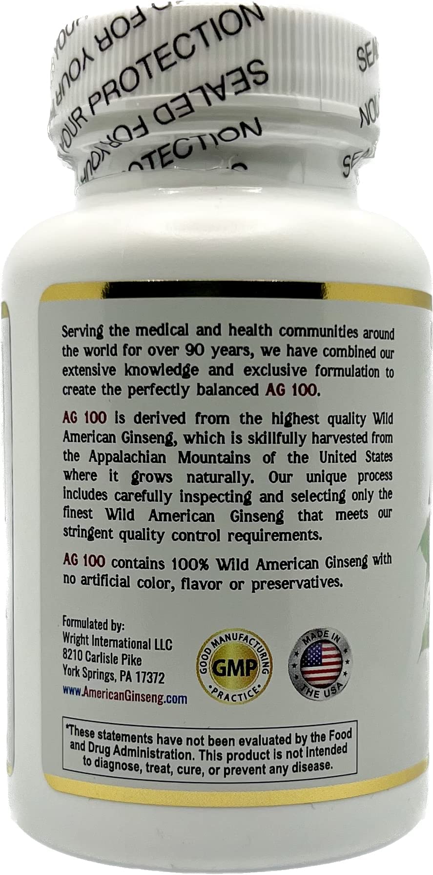 AG 100 100% Pure Wild American Ginseng Capsules, 30 Count