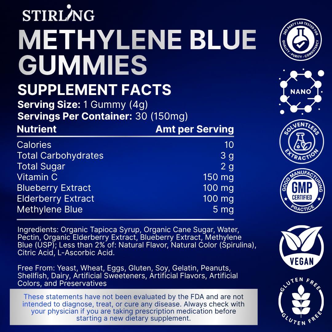 STIRLING Methylene Blue Gummies USP Grade - High-Potency Antioxidant & Brain Booster, 1 Count