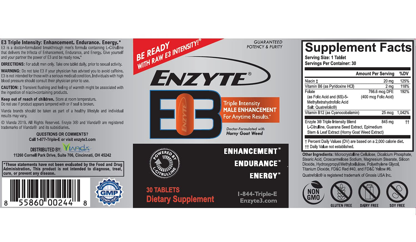 Enzyte MRC Enzyte3 Natural Male Enhancement Supplement 30 Tablets