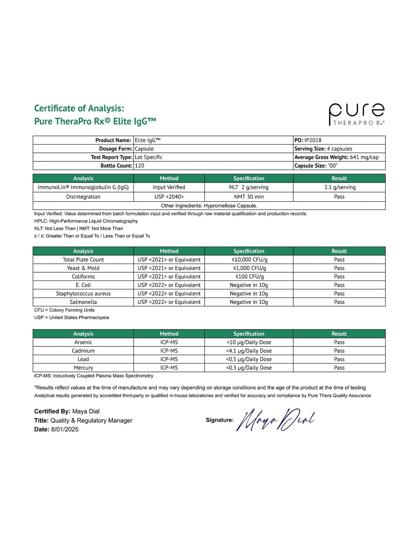 Pure Therapro Rx Elite IgG Immunoglobulin Supplement Capsules 120