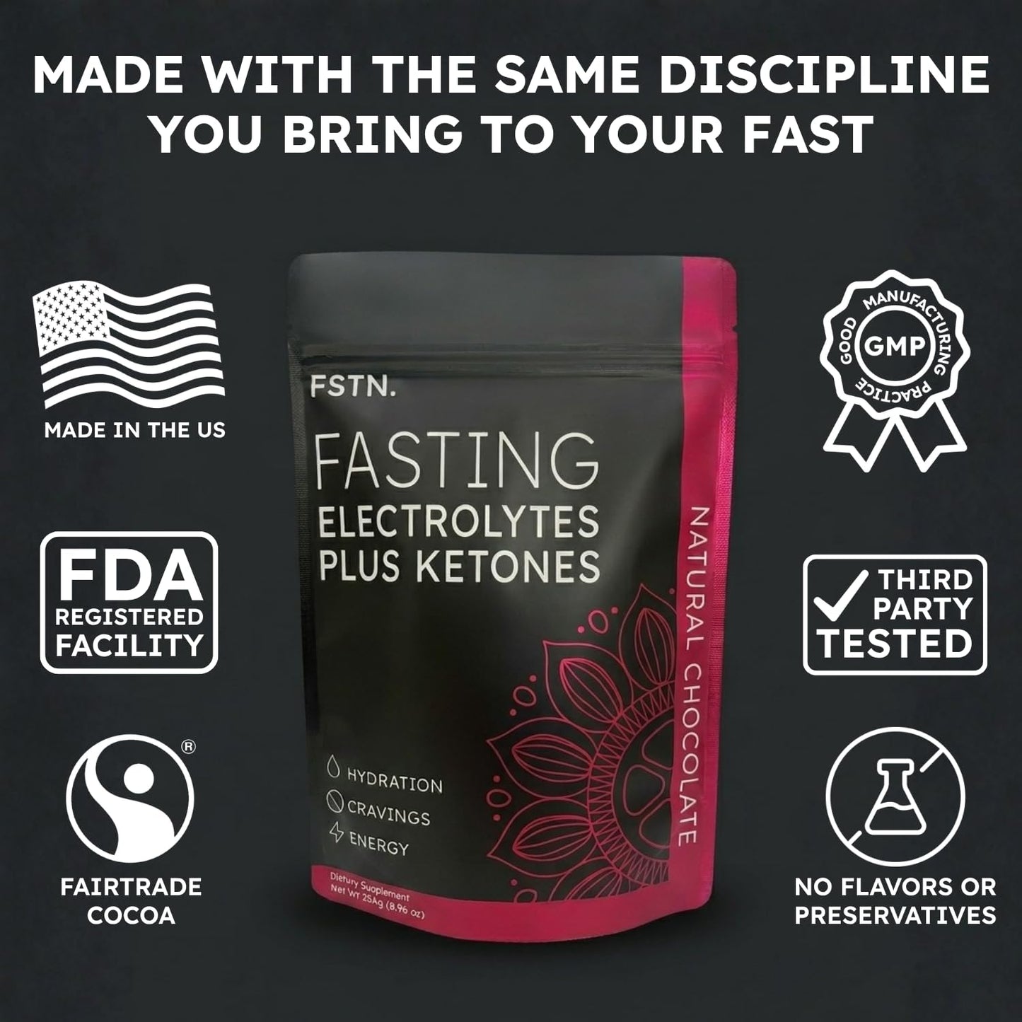 FSTN Chocolate Electrolytes Fasting Supplement – Crave Killer, Hydration & Energy – Zero-Sugar, Plus Ketones & Organic Cocoa, Powder, 8.95 Ounce