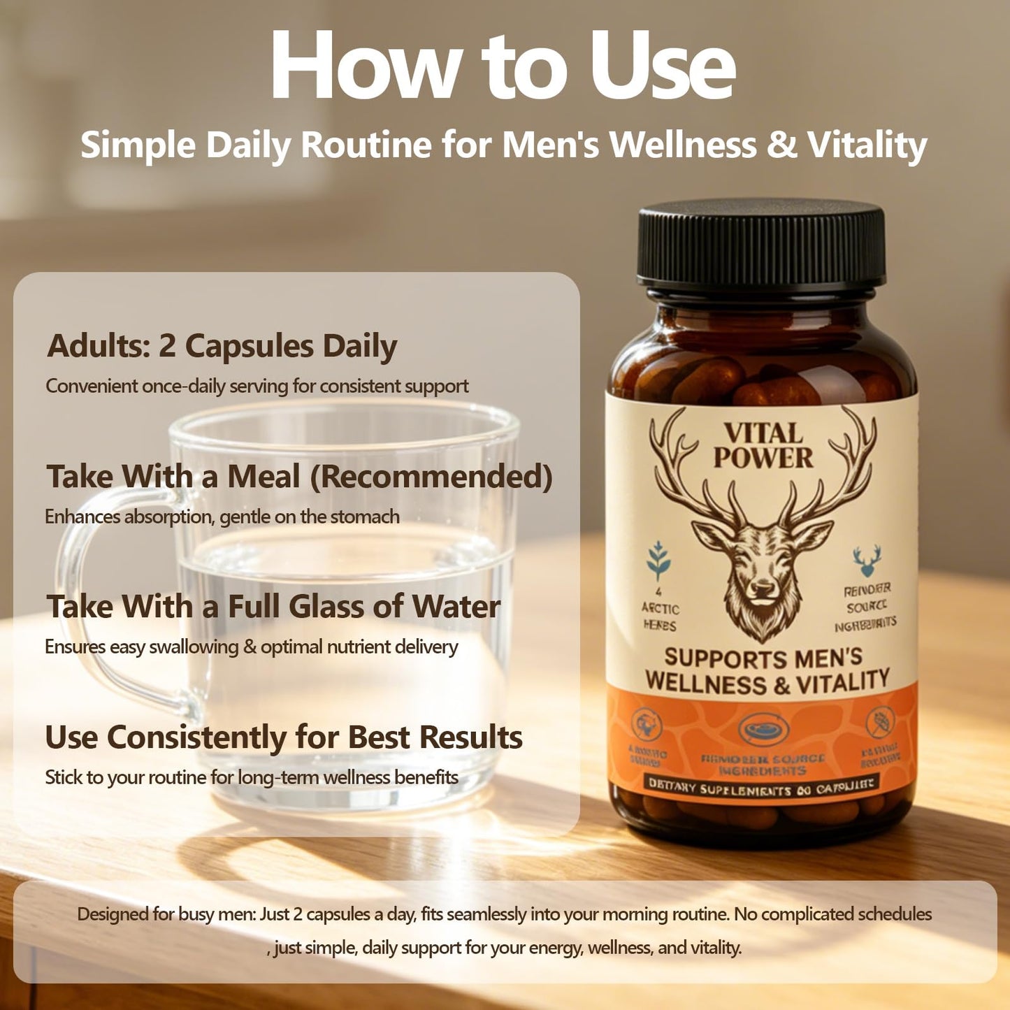 Bnaddain Men’s Vitality Supplement Arctic Herbal & Reindeer Nutrient Blend Energy Support Capsules, 60 Capsules