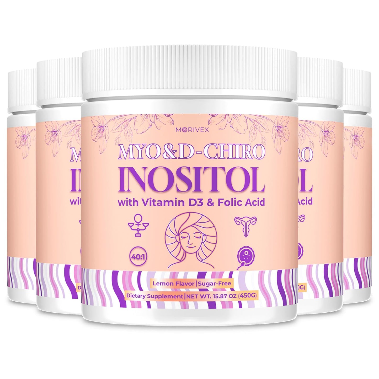 Morivex Myo-Inositol & D-Chiro Inositol Powder for Women, Fertility & Hormonal Balance Support, 15.87 oz (Pack of 5)