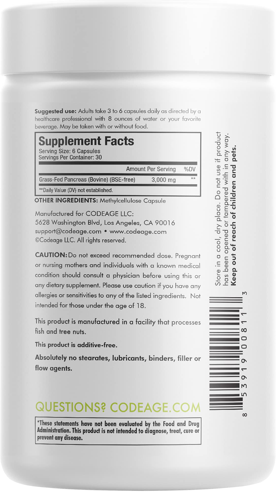 Codeage Grass Fed Beef Pancreas Capsules 180 Count