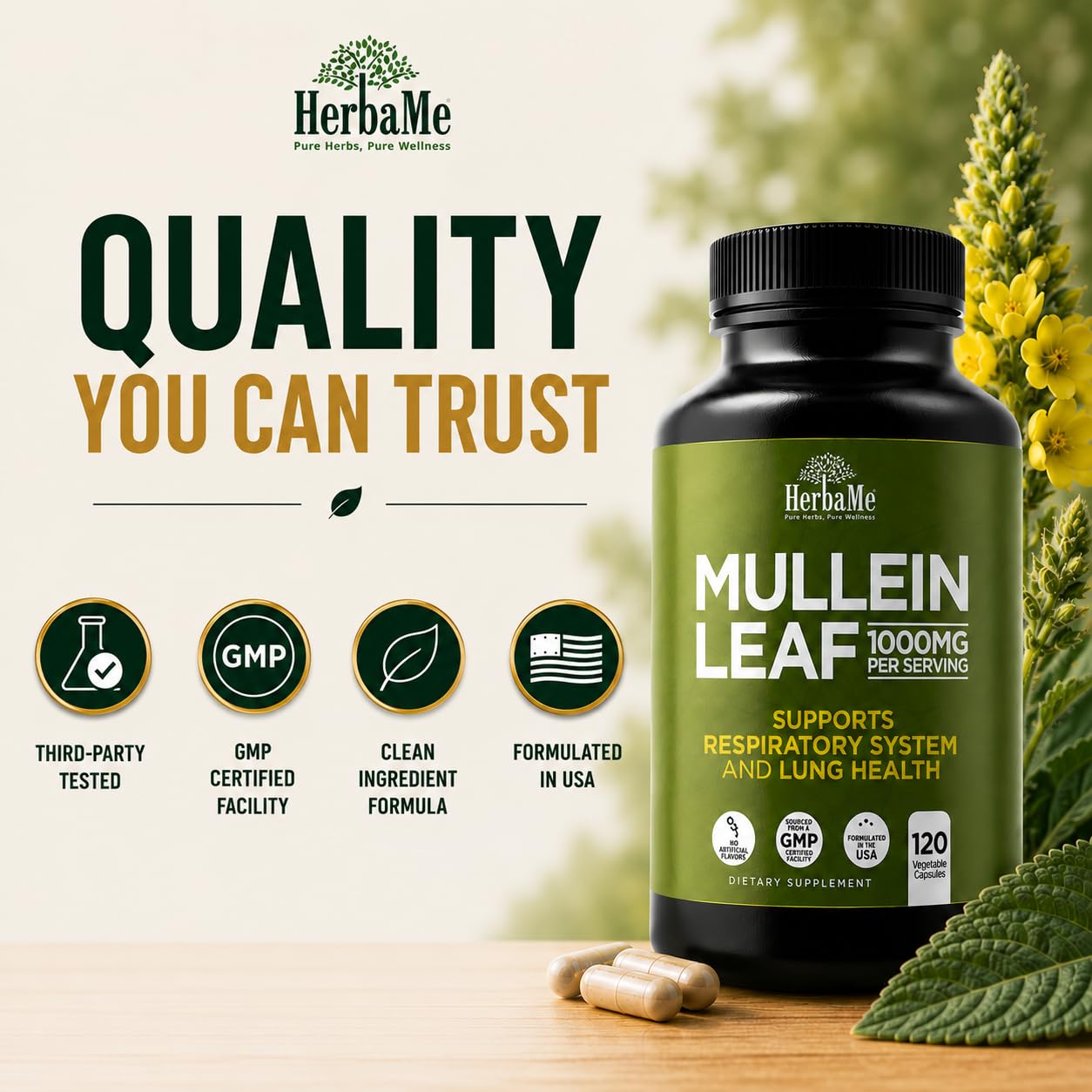 HerbaMe Mullein Leaf 1000mg Capsules, 120 Count
