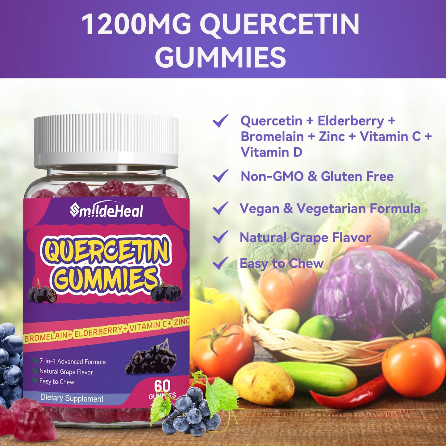 SmildeHeal Quercetin Gummies with Bromelain, Zinc & Vitamin C, Immune Support, 120 Gummies