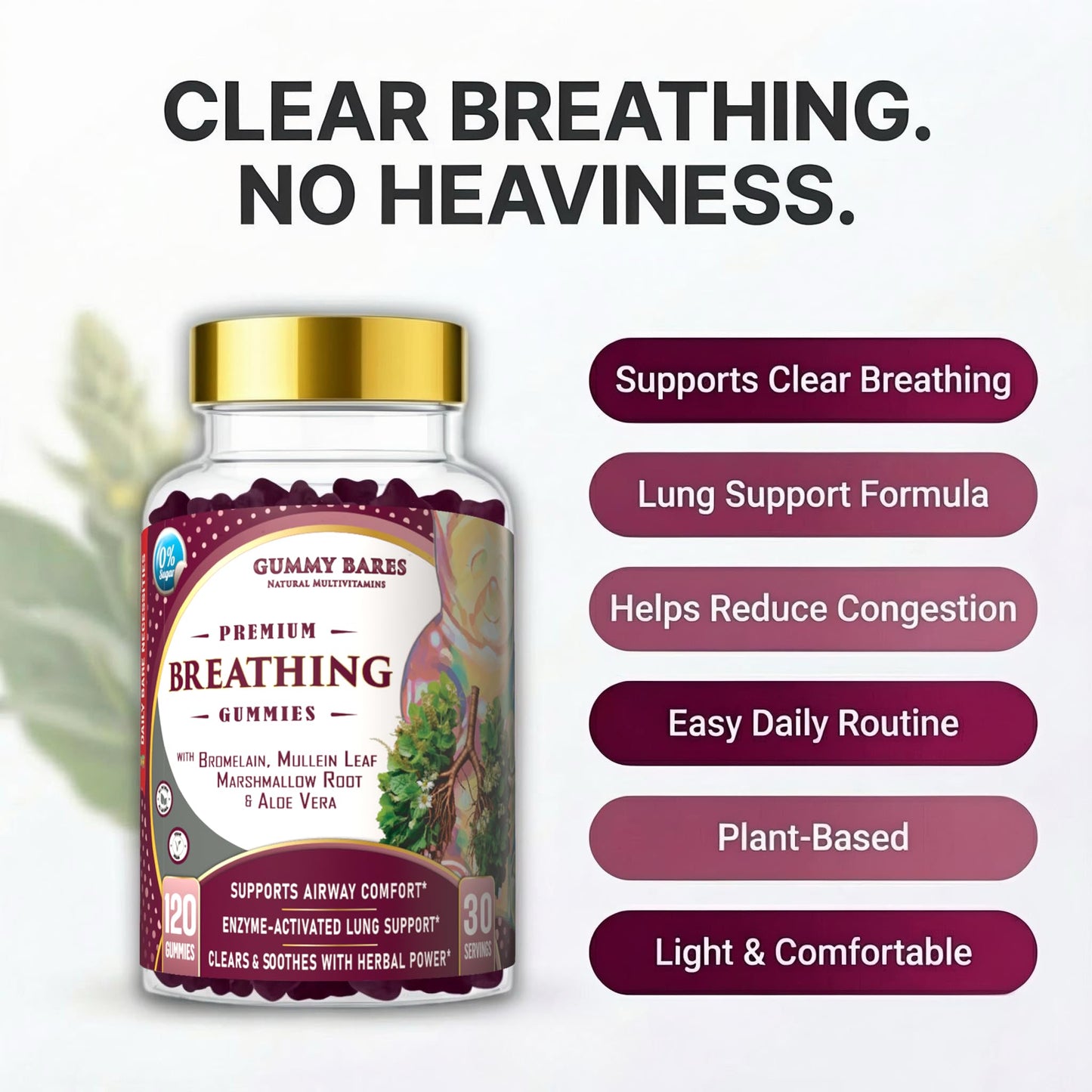 Gummy Bares Natural Multivitamins Mullein Leaf & Marshmallow Root Gummies - Lung Cleanse & Mucus Removal with Bromelain, Nattokinase, Serrapeptase Detox, 80 Count