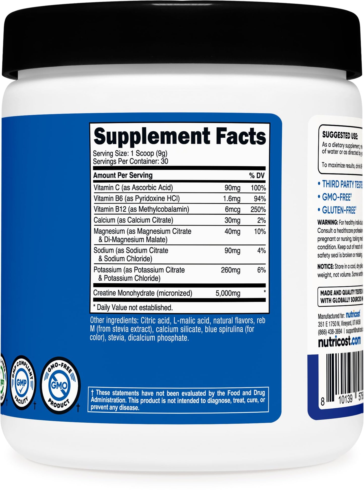 Nutricost Creatine Monohydrate + Hydration Blue Raspberry Flavored Powder, 9.3 oz