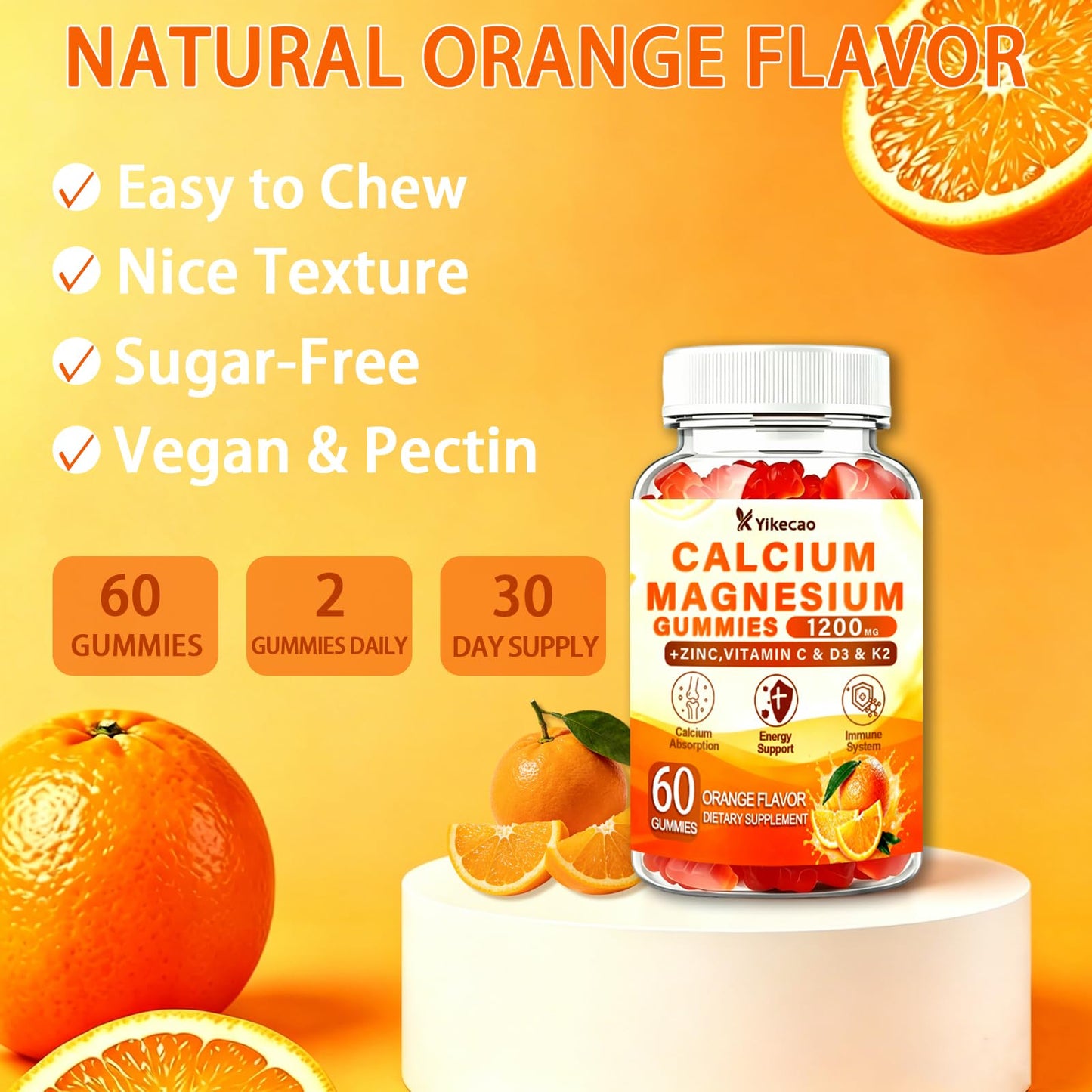 Yikecao Calcium Magnesium Zinc Gummies with Vitamin D3 K2, 60 Gummies