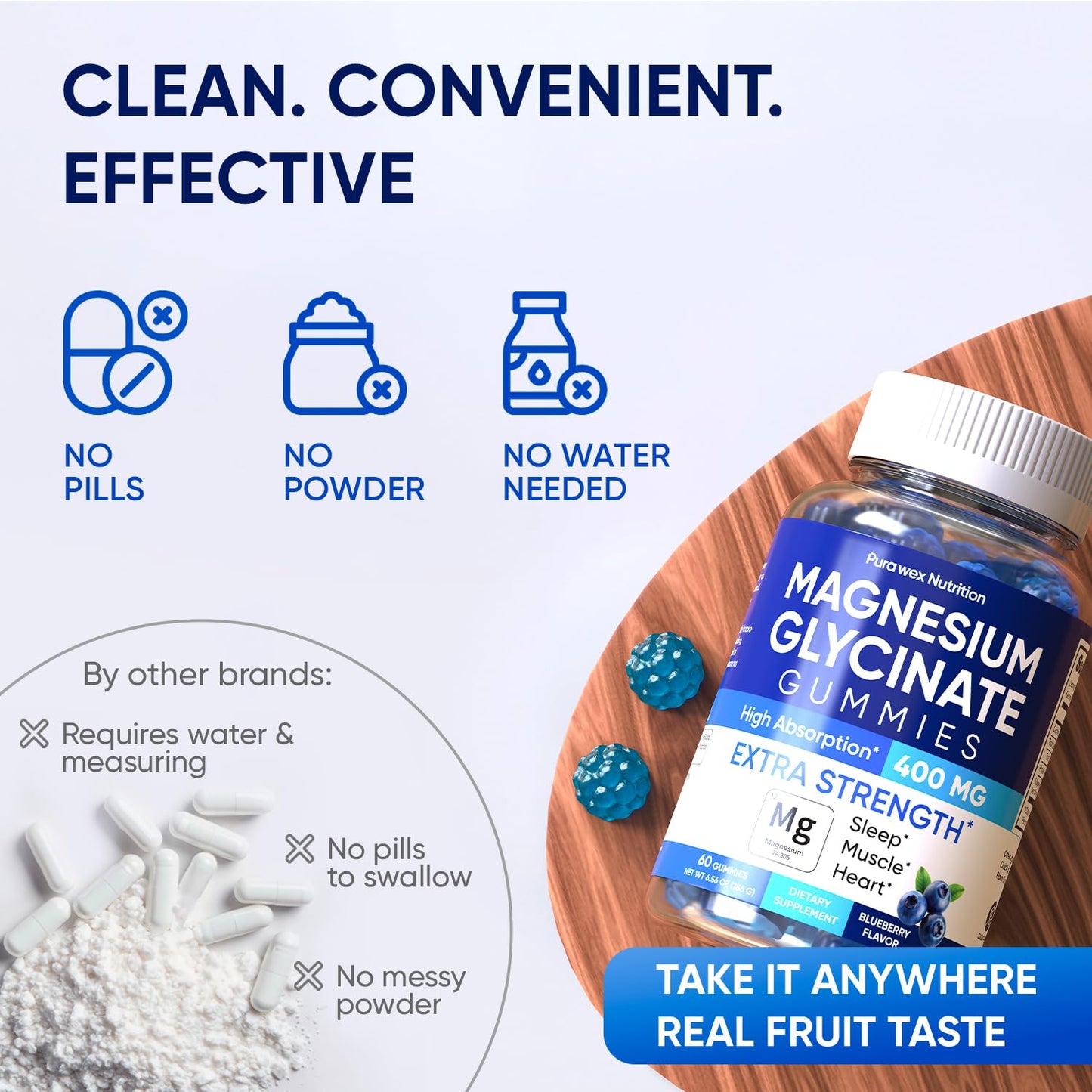 PURA WEX NUTRITION Magnesium Glycinate Gummies 400mg Extra Strength Blueberry Flavor, 60 Count
