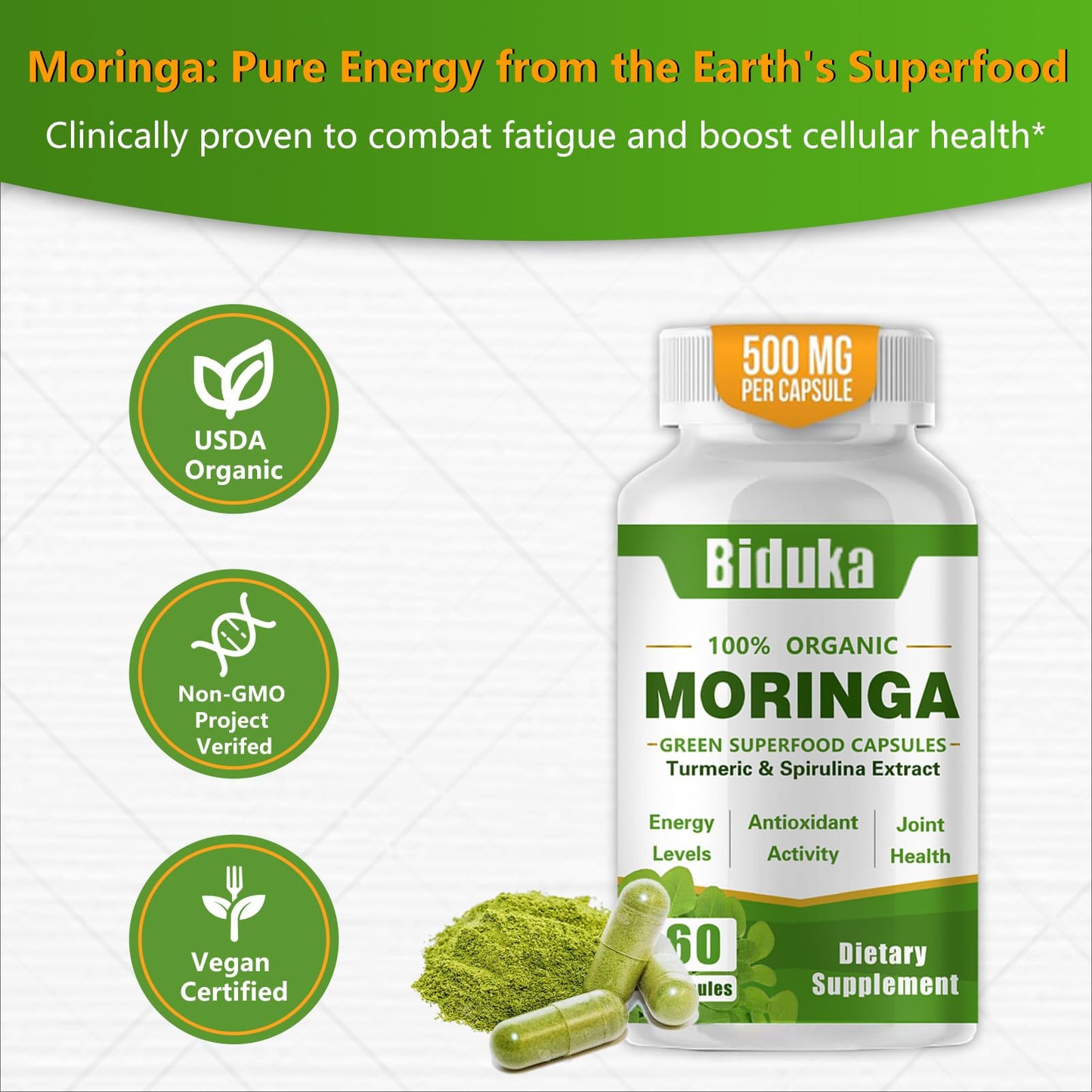 Biduka Organic Moringa Capsules 1000mg Capsule, 60 Count