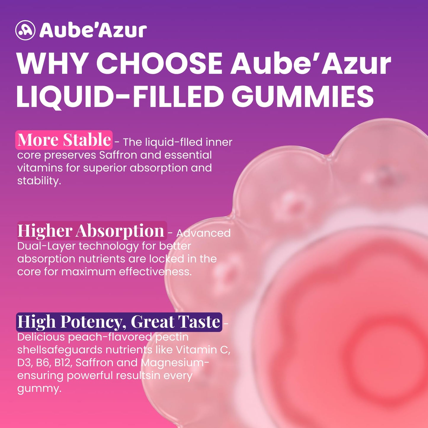 Aube'Azur Saffron Gummies for Kids, 15-in-1 Saffron Supplements, 60 Gummies