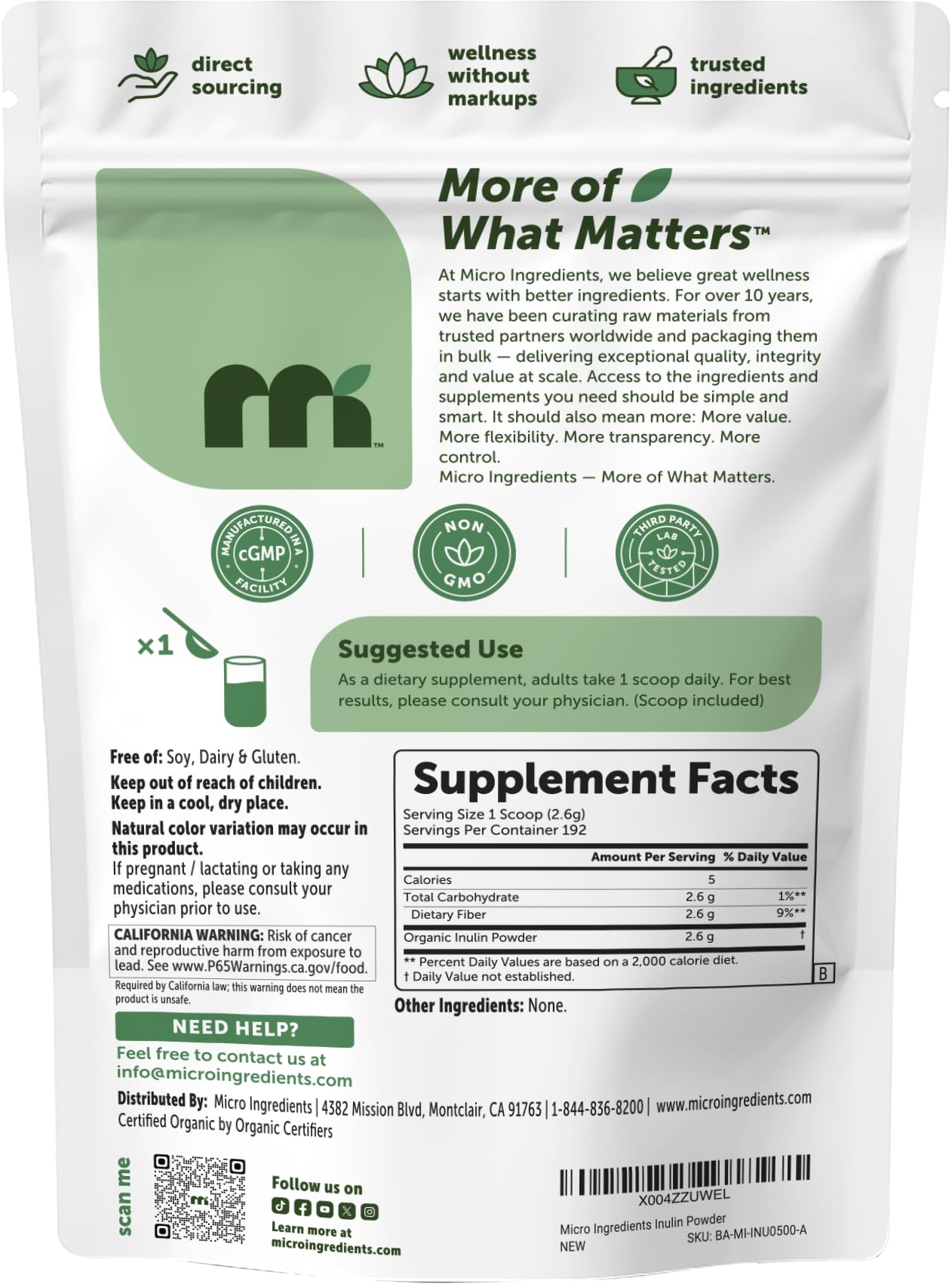 Micro Ingredients Organic Inulin FOS Fiber Powder 17.6 oz