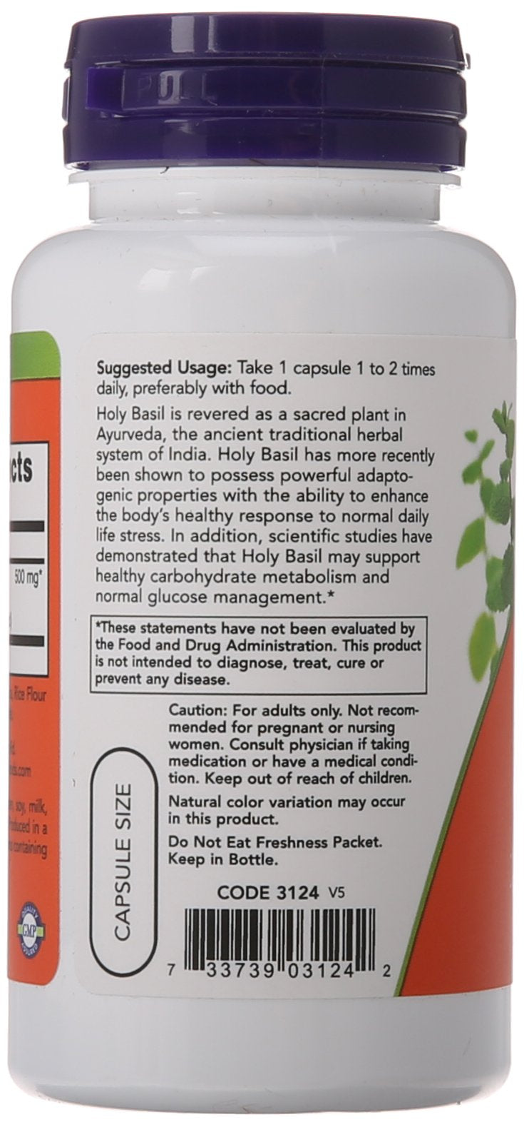 NOW Foods Holy Basil Extract 500 mg Veg Capsules, 90 Count