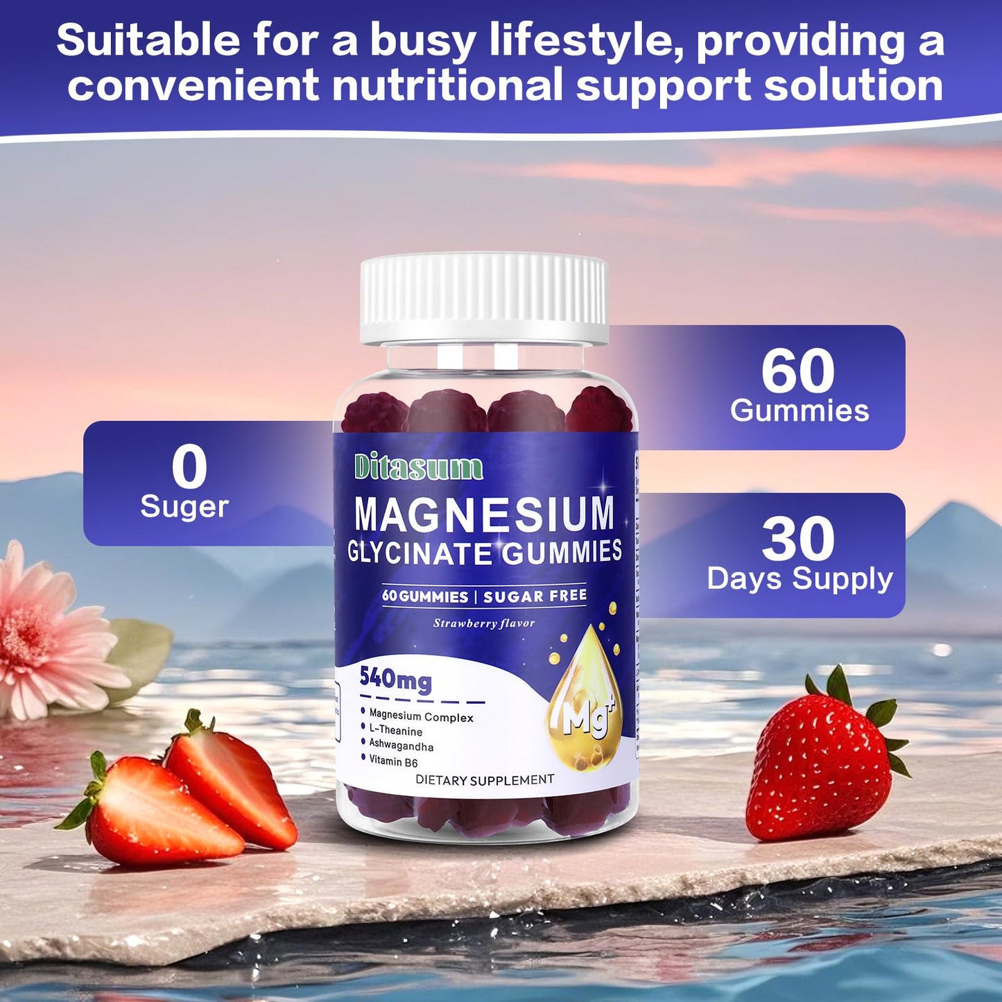 Ditasum Magnesium Glycinate Gummies With L-Threonate, Vitamin B6, Ashwagandha 540mg per Serving, Sugar Free, Vegan, Strawberry Flavor, 60 Gummies