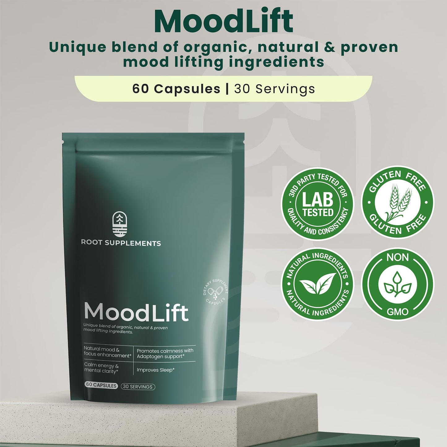 Root Supplements MoodLift Natural Mood Support Supplement - Dopamine & Adaptogen Blend with Mucuna Pruriens, Shatavari, Rhodiola Rosea & Matcha - Promotes Emotional Balance, Focus & Stress Relief 60 Capsules