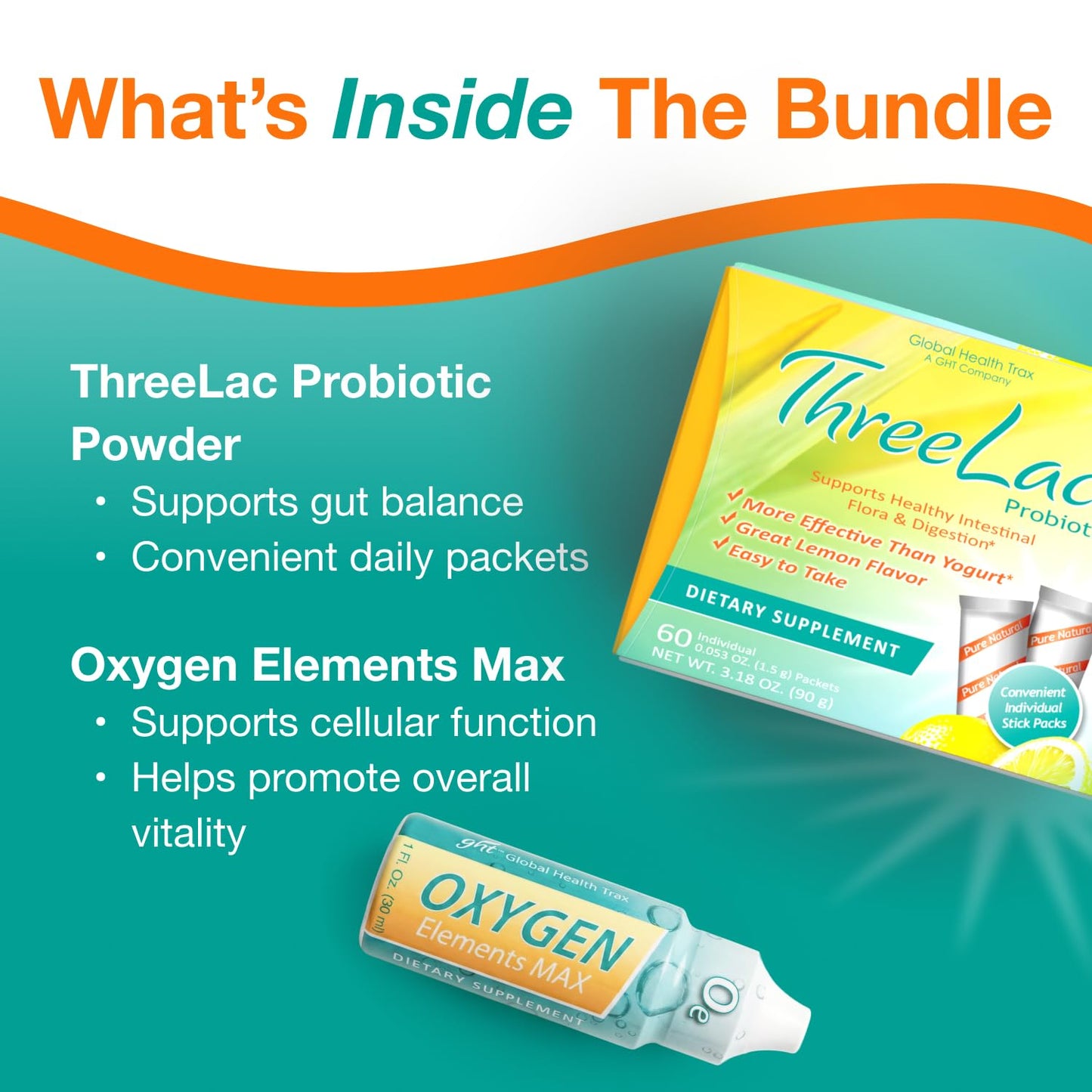GHT Global Health Trax ThreeLac Lemon Probiotic Powder & Oxygen Elements Max Drops, Capsule, 3-Pack
