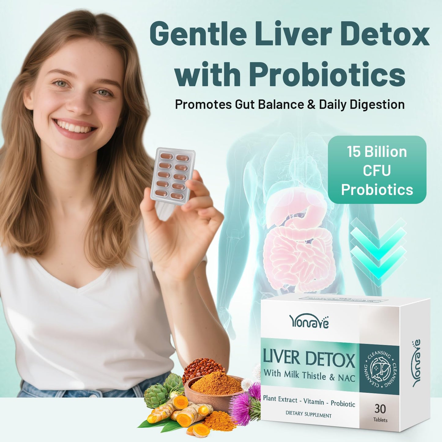 Yonrave Liver Detox & Digestive Support Supplement with 15B CFU Probiotics, Milk Thistle, Dandelion Root & Turmeric Tablets, 30 Count