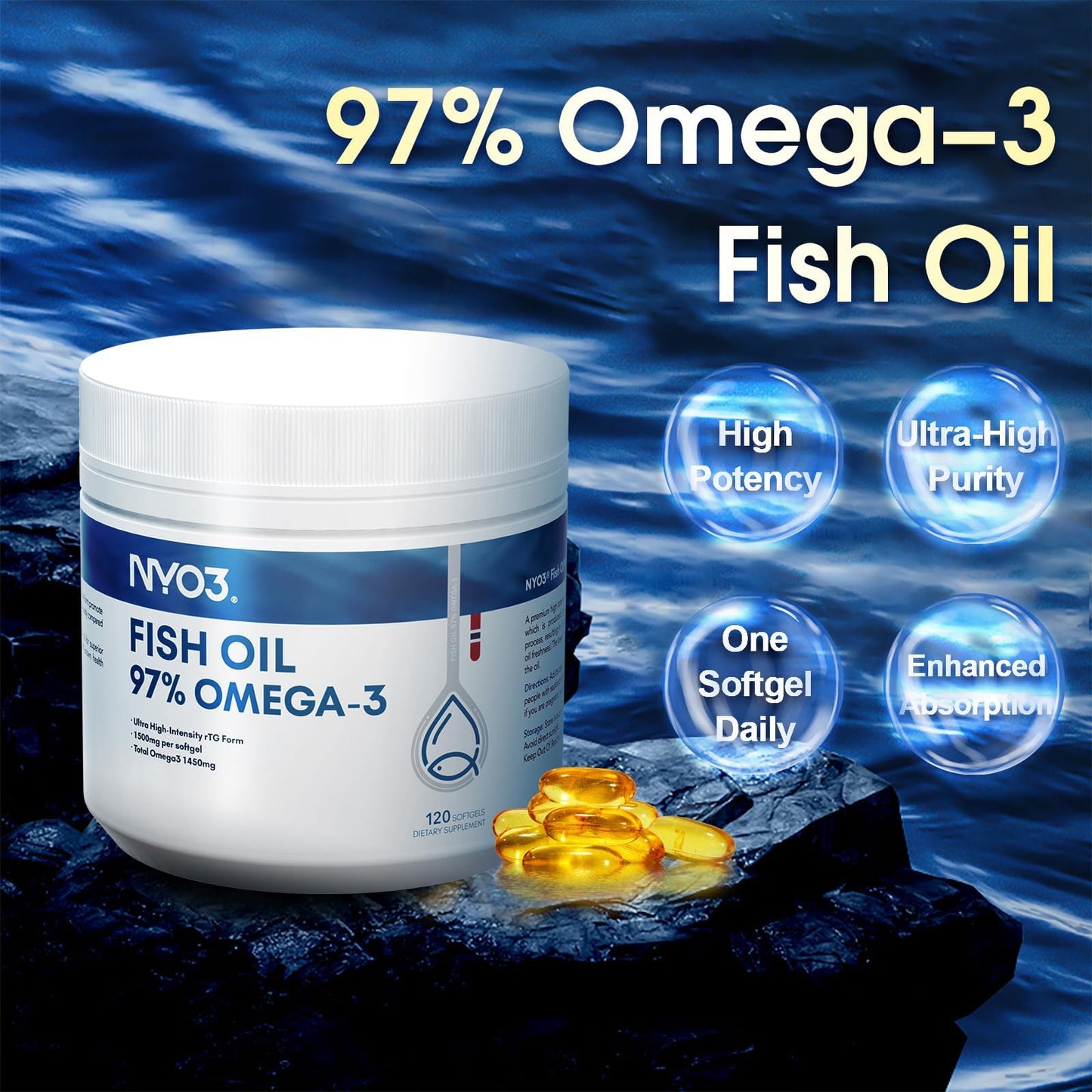 NYO3 Omega 3 Fish Oil 1500mg with DHA & EPA Softgel, 120 Softgels