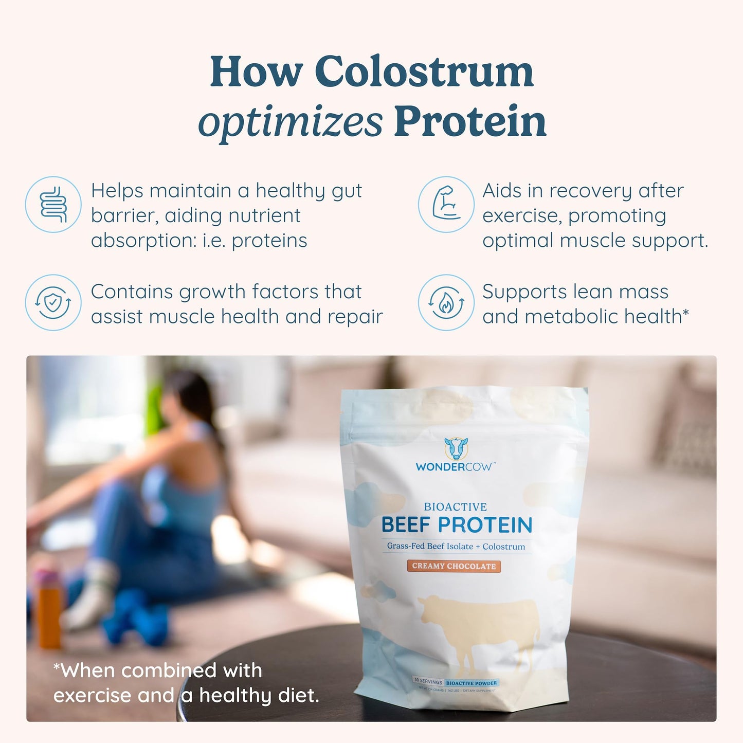 WONDERCOW Beef Protein Isolate Powder w/Bovine Colostrum Supplement, Chocolate, 30 Servings