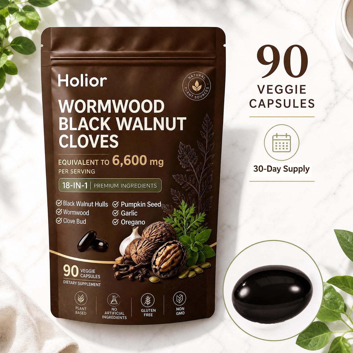 Fly Cleanse Holior Wormwood Black Walnut Cloves, 18-in-1 Herbal Formula, Digestive & Gut Balance Support Capsule, 1 Count