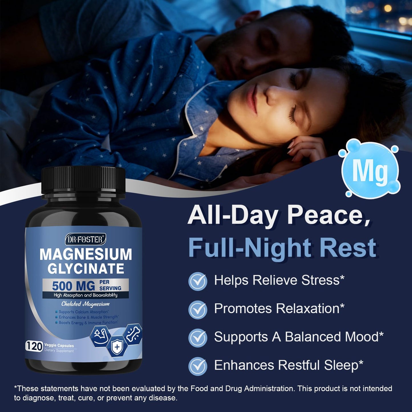 DRFOSTER Magnesium Glycinate 500mg with Zinc & Vitamin D3, 120 Veggie Capsules