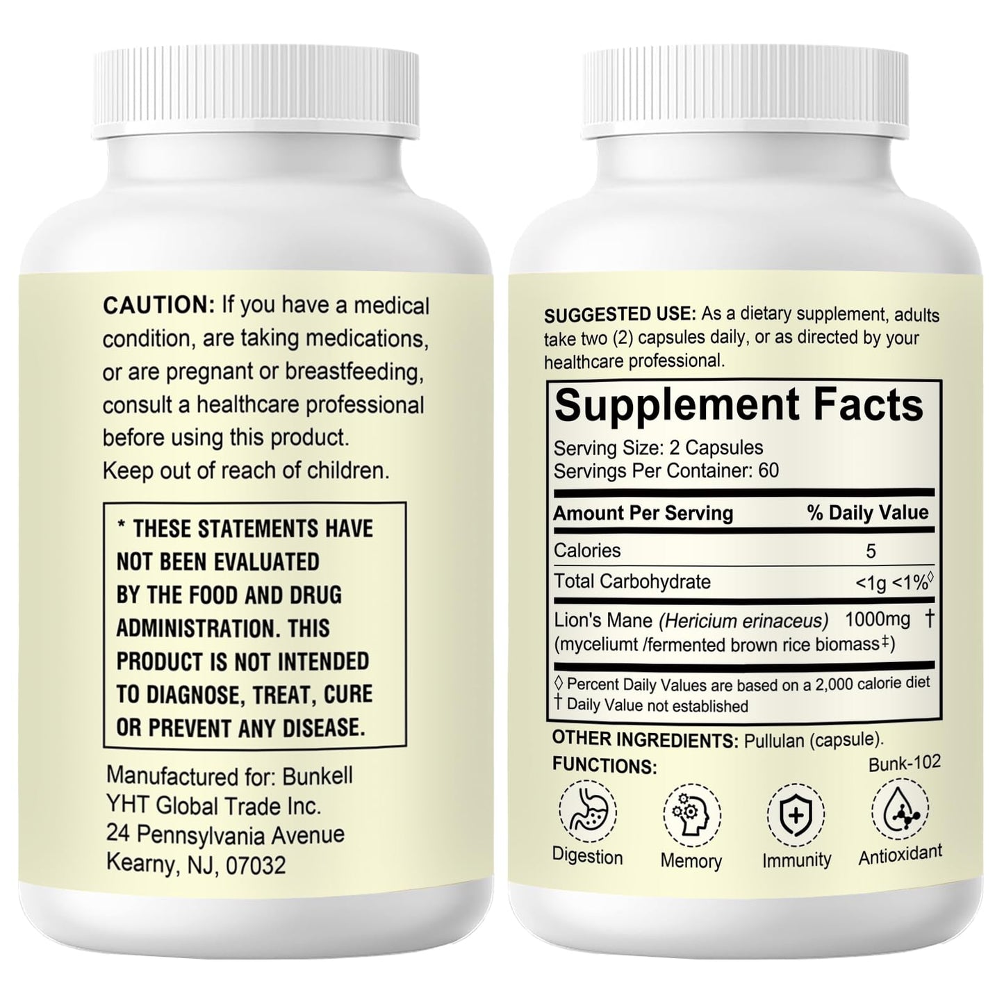 Bunkell Lion's Mane 1000mg Capsules, 120 Count