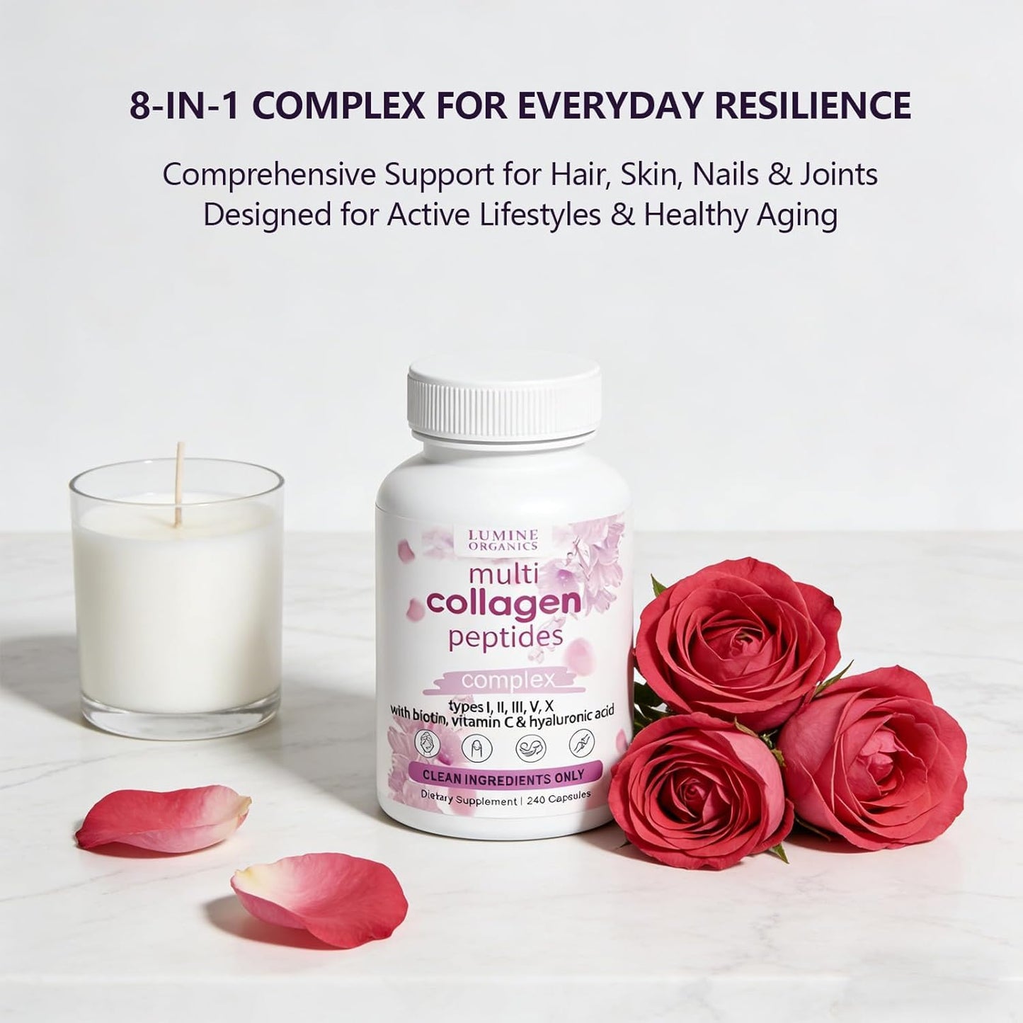 ETUIH Lumine Organics Collagen, Hydrolyzed Collagen Peptides Capsules Type I, II, III, V, X with Biotin, Hyaluronic Acid, Vitamin C, 240 Capsules