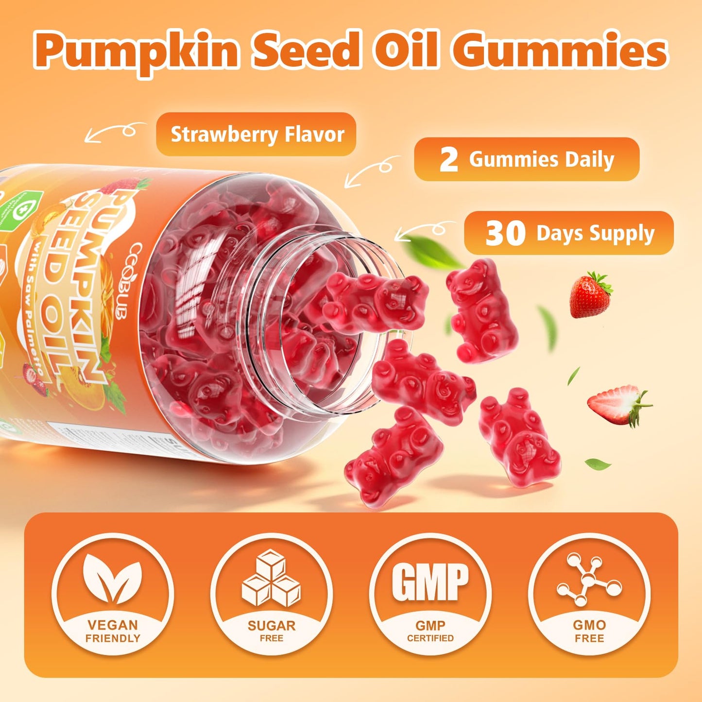 CCOBUB Pumpkin Seed Oil Gummies with Saw Palmetto Strawberry Flavor Gummy 60 Count