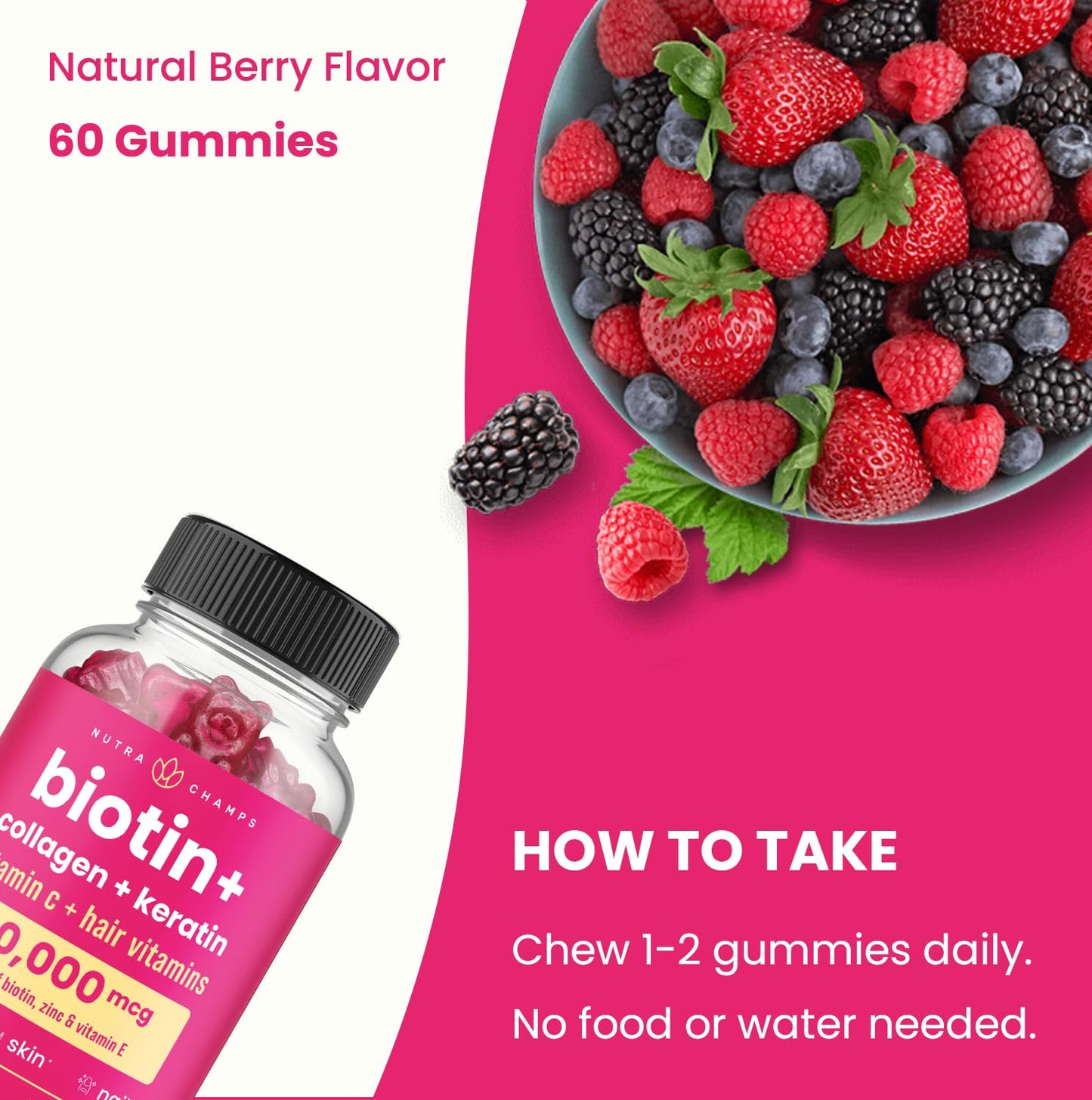NutraChamps Biotin Gummies 5000mcg with Collagen, Keratin & More – Hair Skin and Nails – 60 Gummies