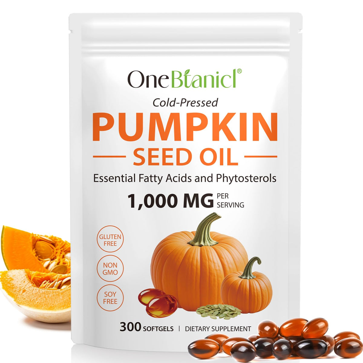 Pumpkin Seed Oil Capsules 1000mg, Cold Pressed Virgin Oil, 300 Softgels