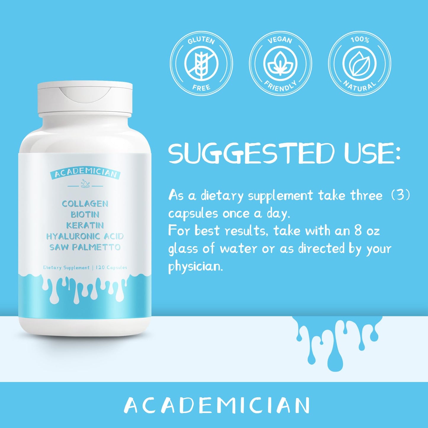 ACADEMICIAN Collagen with Biotin, Keratin, Hyaluronic Acid, Saw Palmetto Supplement Capsules 120