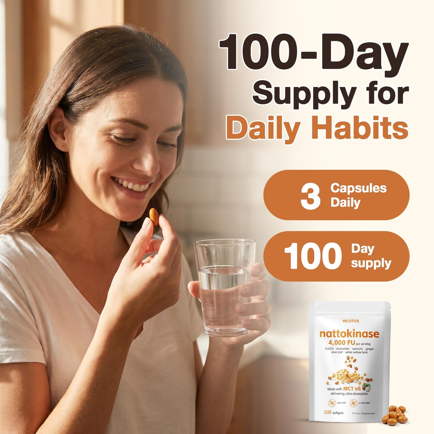 HILOTUX Nattokinase Supplement 4,000 FU, 7-in-1 Formula with CoQ10, Bromelain, Turmeric, Ginger, Olive Leaf & White Willow Bark, MCT Oil Softgels for Bioavailability, 300 Softgels