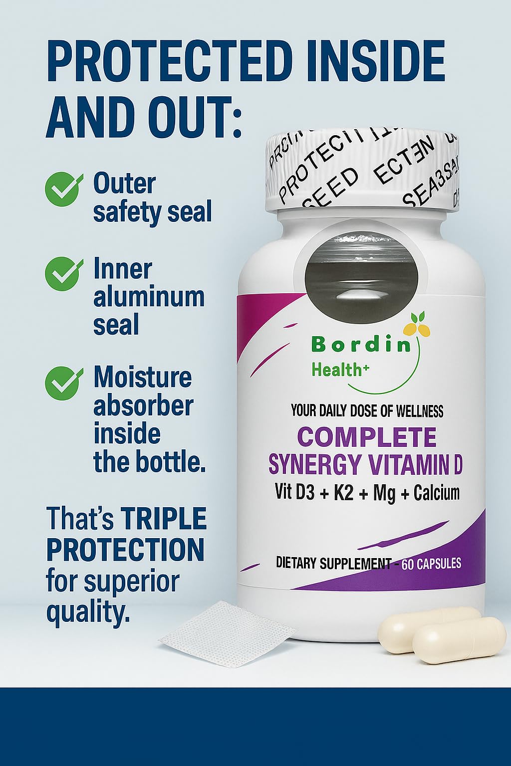 Bordin Health Complete Bone & Heart Support Vitamin D3 1000 IU + K2 MK7 with Magnesium & Calcium Synergistic Formula, High Absorption, 60 Capsules