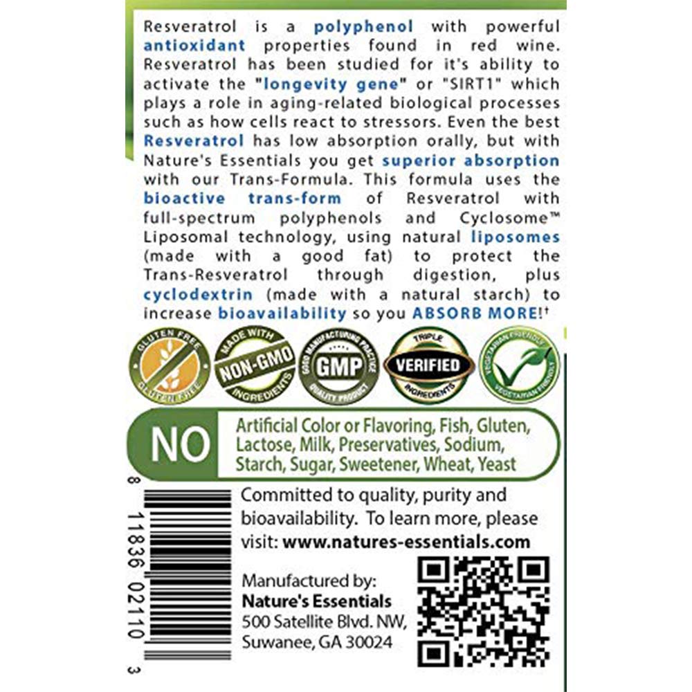 Nature's Essentials Resveratrol 500mg Full Spectrum Trans-Resveratrol Advanced Cyclosome Liposomal Delivery Tablet, 90 Tablets
