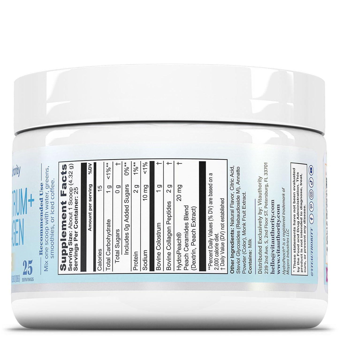 Vitauthority Colostrum Collagen Powder Hydrolyzed Peptide HydroPeach 3.8 oz